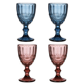 Set of 4 Vintage Sapphire Blue & Rose Quartz Drinking Wine Glass Goblets