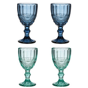 Set of 4 Vintage Sapphire Blue & Turquoise Drinking Wine Glass Goblets