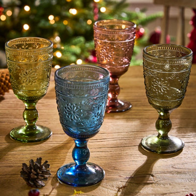 Set of 4 Vintage Style Fontaine Colorful Embossed Wine Goblets Glasses ...