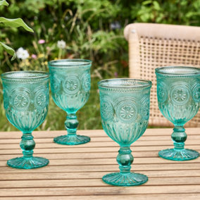 Set of 4 Vintage Turquoise Embossed Drinking Wine Glass Goblets Father's Day Wedding Decorations Ideas