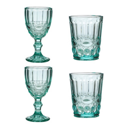 Set of 4 Vintage Turquoise Wine Glasses Goblets & Tumbler Drinking Whisky Glasses Father's Day Wedding Decorations Ideas