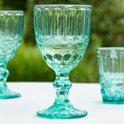 Set of 4 Vintage Turquoise Wine Glasses Goblets & Tumbler Drinking Whisky Glasses Father's Day Wedding Decorations Ideas