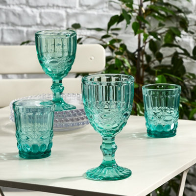 Set of 4 Vintage Turquoise Wine Glasses Goblets & Tumbler Drinking ...
