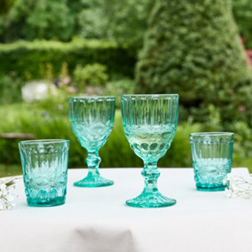 Set of 4 Vintage Turquoise Wine Glasses Goblets & Tumbler Drinking Whisky Glasses