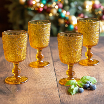 Set of 4 Vintage Yellow Embossed Drinking Goblet Wine Glasses