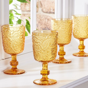 Set of 4 Vintage Yellow Embossed Drinking Goblet Wine Glasses