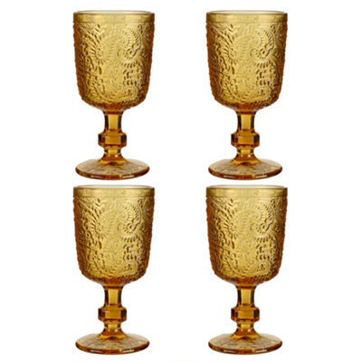 Set of 4 Vintage Yellow Embossed Drinking Goblet Wine Glasses