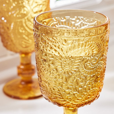 Set of 4 Vintage Yellow Embossed Drinking Goblet Wine Glasses