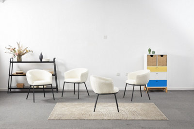 Set of 4 White Boucle Dining Chairs, Armchairs, Lounge Chairs