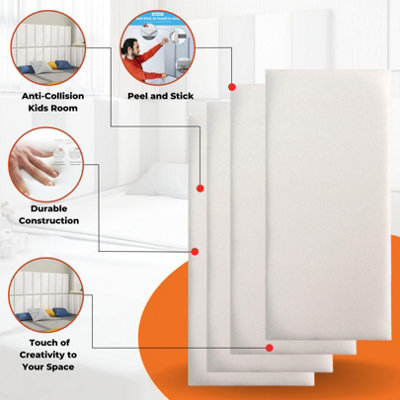 Set of 4 White Padded Wall Panels (60x25cm)- Peel and Stick Anti-Collision 3D Upholstered wall panels - Self Adhesive Wall Cushion
