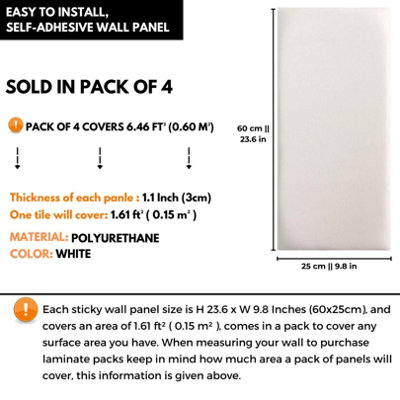 Set of 4 White Padded Wall Panels (60x25cm)- Peel and Stick Anti-Collision 3D Upholstered wall panels - Self Adhesive Wall Cushion - 3