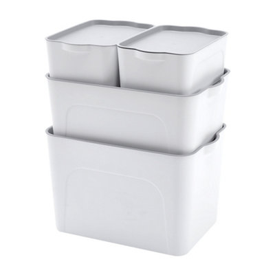 Set of 4 White Stackable Plastic Desktop Organizer Storage Box with Lid for Kitchen, Bedroom, Bathroom, 50L