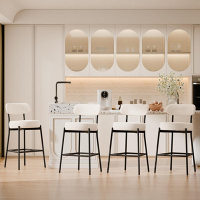 Set of 4 White Teddy Fabric Upholstered Barstools, Kitchen Breakfast Barstools with Curved Backrest