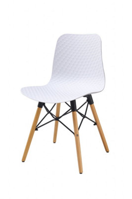 Set of 4 White Textured  Plastic Chairs with Wooden Metal Frame Legs