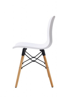 Set of 4 White Textured  Plastic Chairs with Wooden Metal Frame Legs