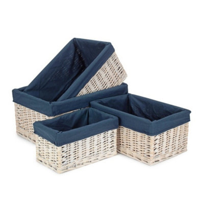 Set of 4 White Wash Navy Lined Open Storage Baskets