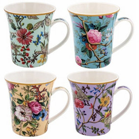 Set of 4 William Kilburn Mugs in Gift Box - Dishwasher Safe Ceramic Colourful Floral Design Fluted Tea Coffee Drinking Cups 300ml