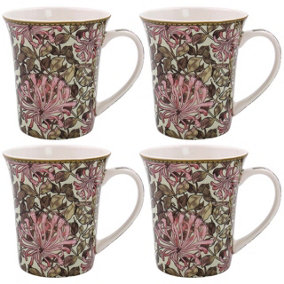 Set of 4 William Morris Honeysuckle Mugs in Gift Box - Dishwasher Safe Ceramic Floral Design Fluted Tea Coffee Drinking Cups 300ml