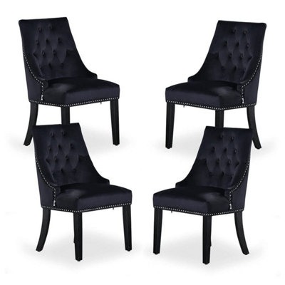 Set of 4 Windsor Knocker Back Dining Chairs Velvet Dining Room Chair, Black