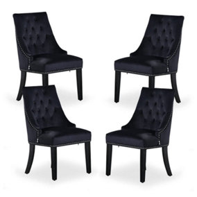 Set of 4 Windsor Knocker Back Dining Chairs Velvet Dining Room Chair, Black