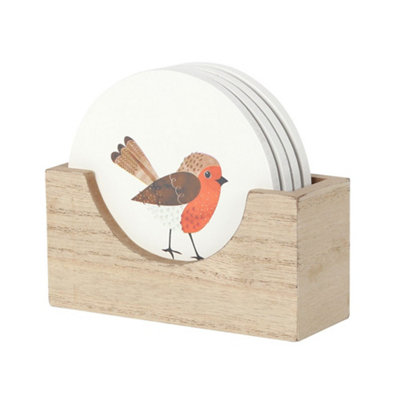 Set of 4 Wooden Garden Robin Drink Coasters With Holder