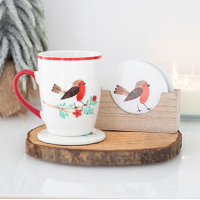 Set of 4 Wooden Garden Robin Drink Coasters With Holder