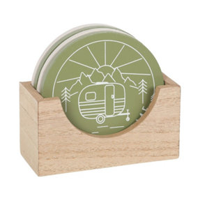 Set of 4 Wooden Happy Camper Drink Coasters With Holder