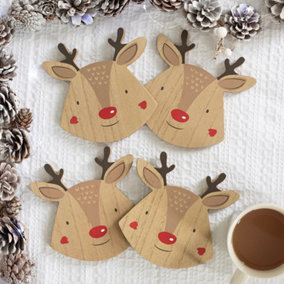 Set of 4 Wooden Reindeer Drink Coasters