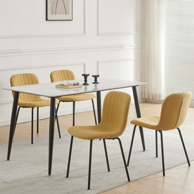 Set of 4 Yellow Linen Fabric Dining Chairs with Upholstered Seat and Metal Legs-Bella