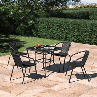 Set of 5 Black 4 Seater Garden Dining Set Patio Square Coffee Table and Stackable Chairs Set Outdoor 80cm