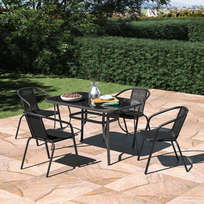 Set of 5 Black 4 Seater Garden Furniture Set Patio Glass Rectangular Umbrella Table and Stackable Chairs Set 120 cm