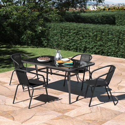 Set of 5 Black 4 Seater Garden Furniture Set Patio Glass Rectangular Umbrella Table and Stackable Chairs Set 150 cm