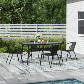 Set of 5 Black 4 Seaters Furniture Set Tempered Glass Garden Dining Table with Umbrella Hole and Stackable Chairs 150 cm
