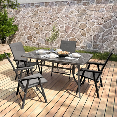 Set of 5 Black Garden Ripple Glass Rectangle Umbrella Table and Folding Chairs Set 150 cm