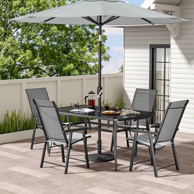 Set of 5 Black Garden Ripple Glass Rectangle Umbrella Table and Folding Chairs Set 150 cm