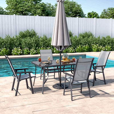 Set of 5 Black Garden Ripple Glass Rectangle Umbrella Table and Folding Chairs Set 150 cm
