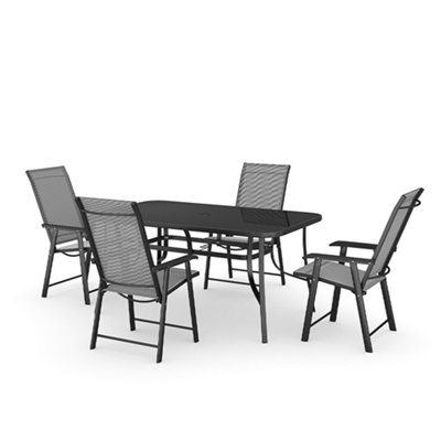 Set of 5 Black Garden Ripple Glass Rectangle Umbrella Table and Folding Chairs Set 150 cm