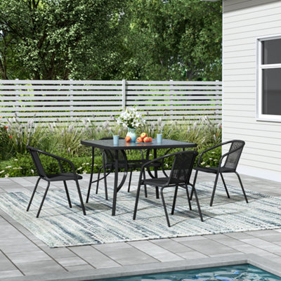 Set of 5  Black Outdoor Garden Furniture Set Dining Set Umbrella Hole Table Stacking Chair for Garden Patio Lounge Balcony