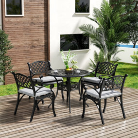 Set of 5 Black Retro Cast Aluminum Garden Bistro Furniture Set Round Table Chair Set with Cushions