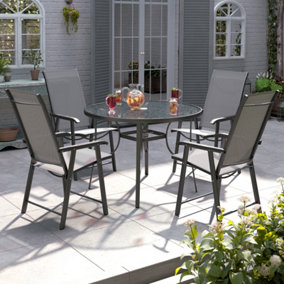 Set of 5 Black Tempered Glass 4 Seater Garden Furniture Set Outdoor Coffee Round Table and Foldable Chairs Set 105 cm