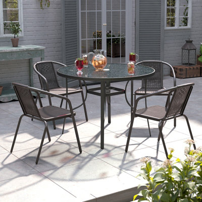 Set of 5 Black Tempered Glass 4 Seater Garden Furniture Set Outdoor Coffee Round Table and Stackable Chairs Set 105 cm