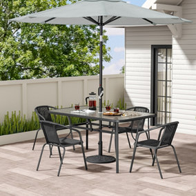 Set of 5 Black Tempered Glass 4 Seater Garden Furniture Set Outdoor Coffee Umbrella Table and Stackable Chairs 150 cm