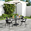 Set of 5 Black Tempered Glass 4 Seater Garden Furniture Set Outdoor Coffee Umbrella Table and Stackable Chairs 150 cm