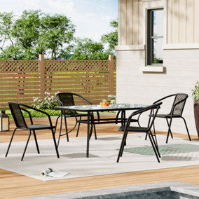 Set of 5 Black Tempered Glass 4 Seater Garden Furniture Set Outdoor Coffee Umbrella Table and Stackable Chairs Set 120 cm
