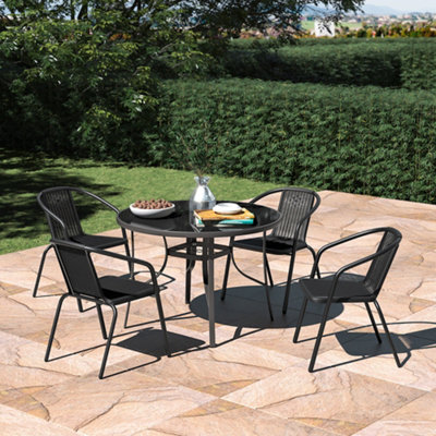 Set of 5 Black Tempered Glass 4 Seater Garden Furniture Set Outdoor Dinging Round Table and Stackable Chairs 105 cm