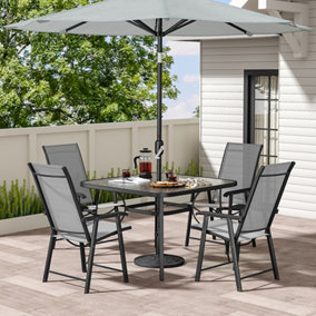 Set of 5 Black Tempered Glass Outdoor Coffee Umbrella Table and Folding Chairs Set 105 cm