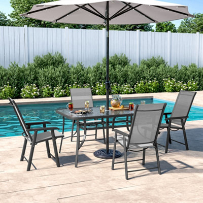 Set of 5 Black Tempered Glass Outdoor Coffee Umbrella Table and Folding Chairs Set 150 cm