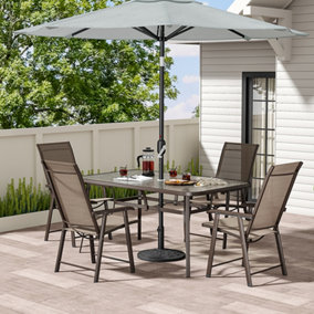 Set of 5 Brown Tempered Glass Outdoor Coffee Umbrella Table and Folding Chairs Set 150 cm