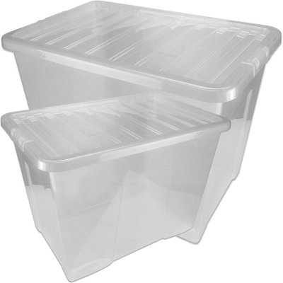 Set of 5 Clear Plastic Extra Large 80 Litre Stackable Storage Containers With Lids - 5
