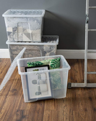 Set of 5 Clear Plastic Extra Large 80 Litre Stackable Storage Containers With Lids - 7